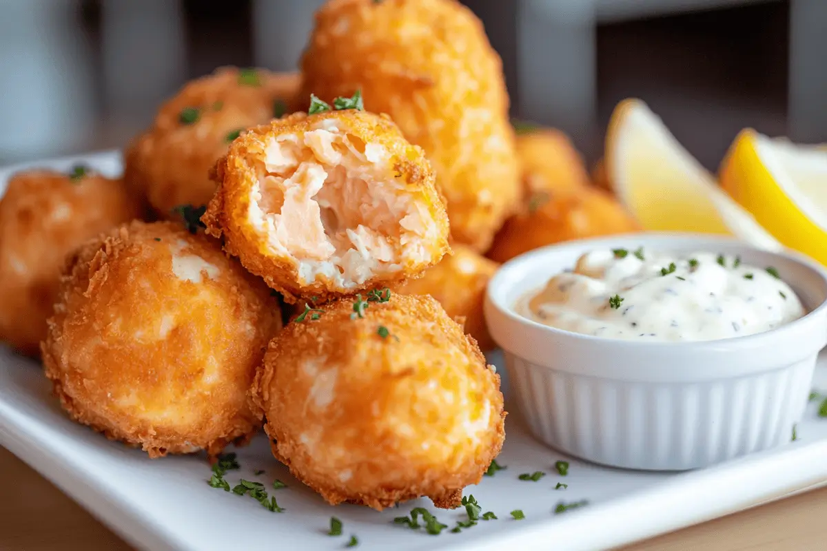 Close-up of crispy salmon croquettes with lemon wedges and tartar sauce.