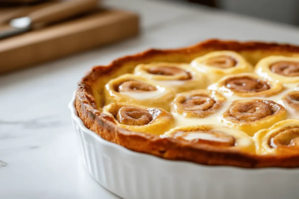 Side-down close-up of banana bread cinnamon rolls with cream cheese glaze.