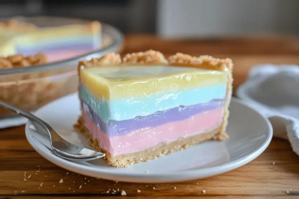 A homemade Easter Jell-O Pie slice on a plate with a spoon