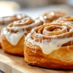 Close-up of sourdough cinnamon rolls with melting frosting