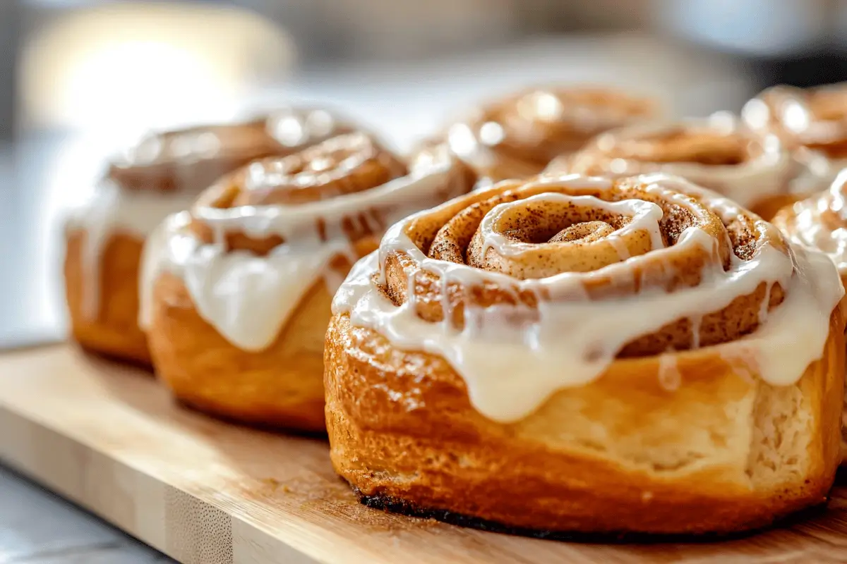 Close-up of sourdough cinnamon rolls with melting frosting