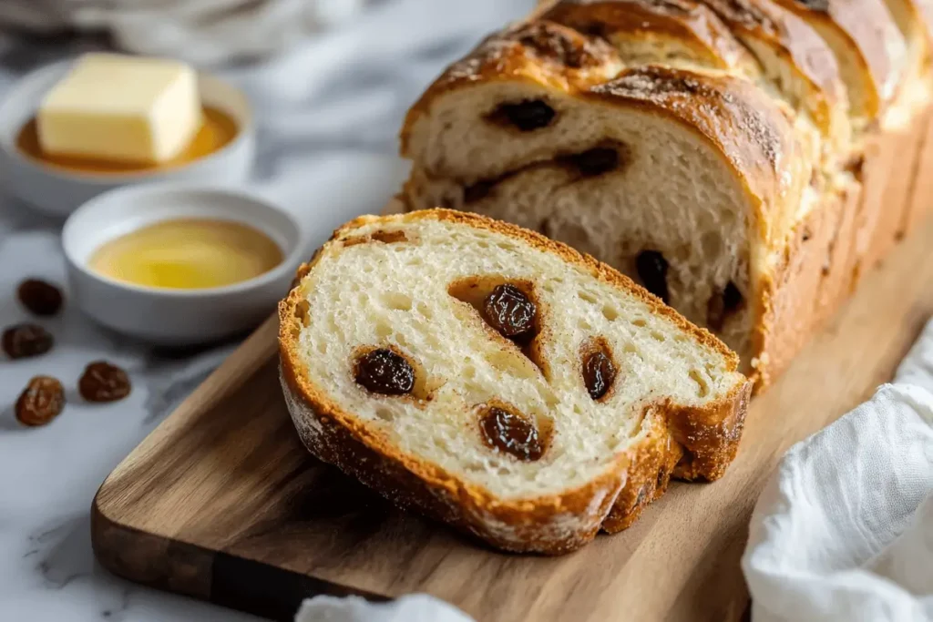 Sliced cinnamon raisin sourdough bread with butter and honey