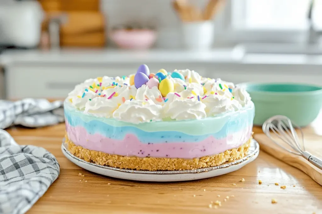 Homemade Easter Jell-O Pie with pastel layers on a kitchen counter