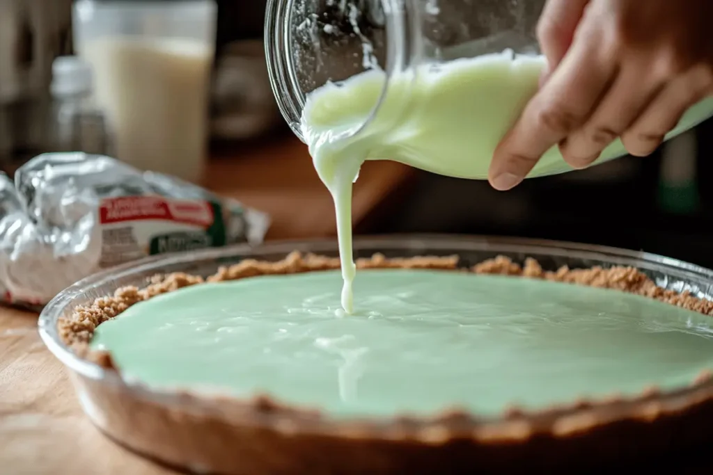 Pouring Jell-O mixture into a homemade graham cracker crust in a kitchen