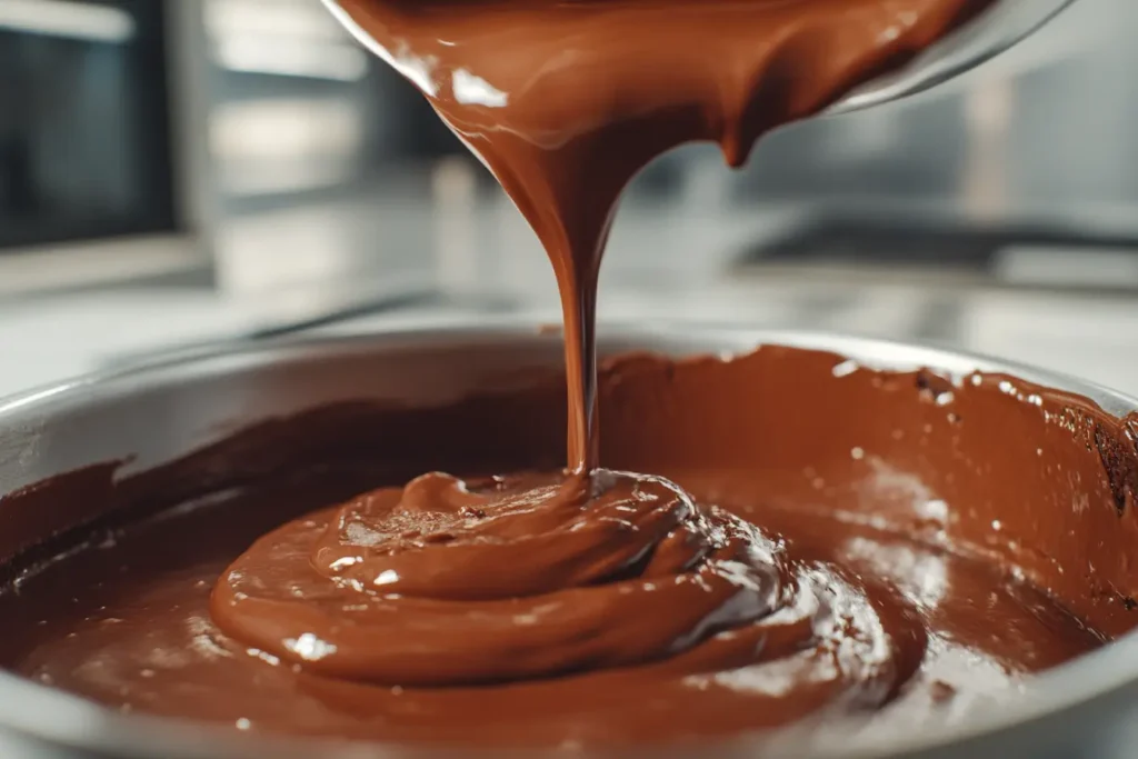 Chocolate cake batter being poured into a pan in a modern kitchen.