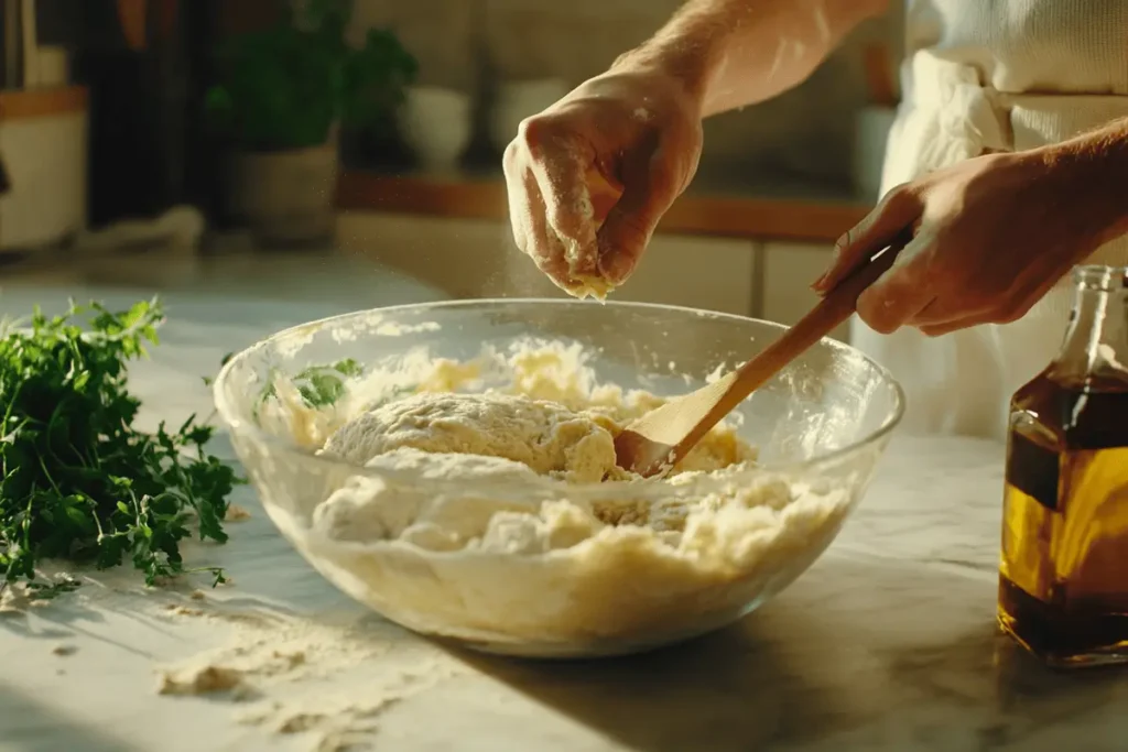 Mixing gluten-free bread dough in a modern kitchen.