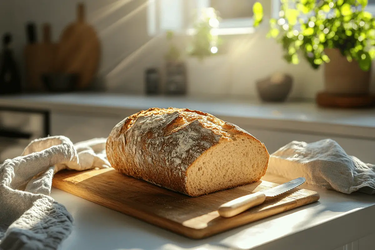 Freshly baked gluten-free bread in a modern, bright kitchen.